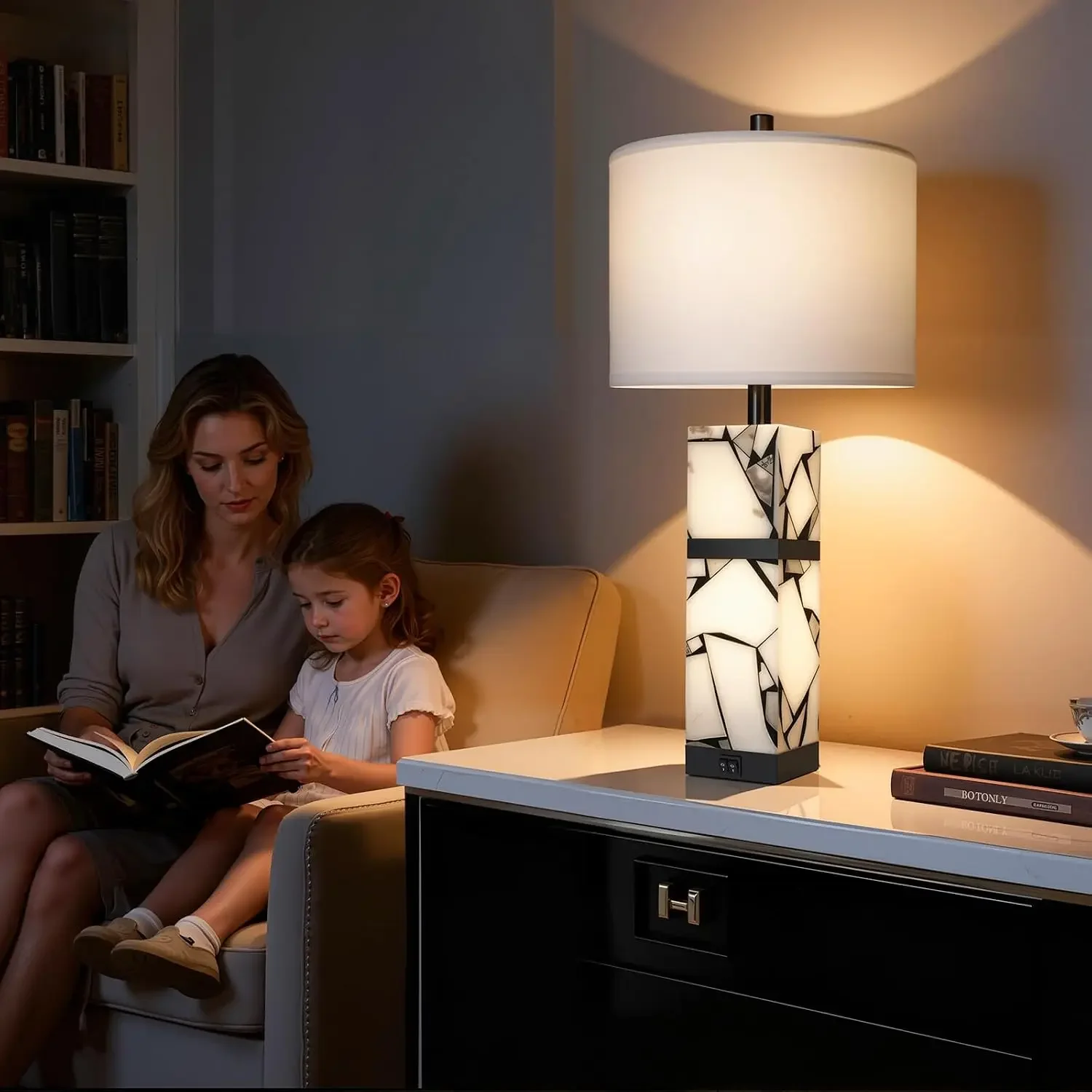 27" Alabaster Table Lamps Set of 2 with Night Light & USB A+C Ports for Living Room Bedroom, Linen Shade, Bulbs Included view 5