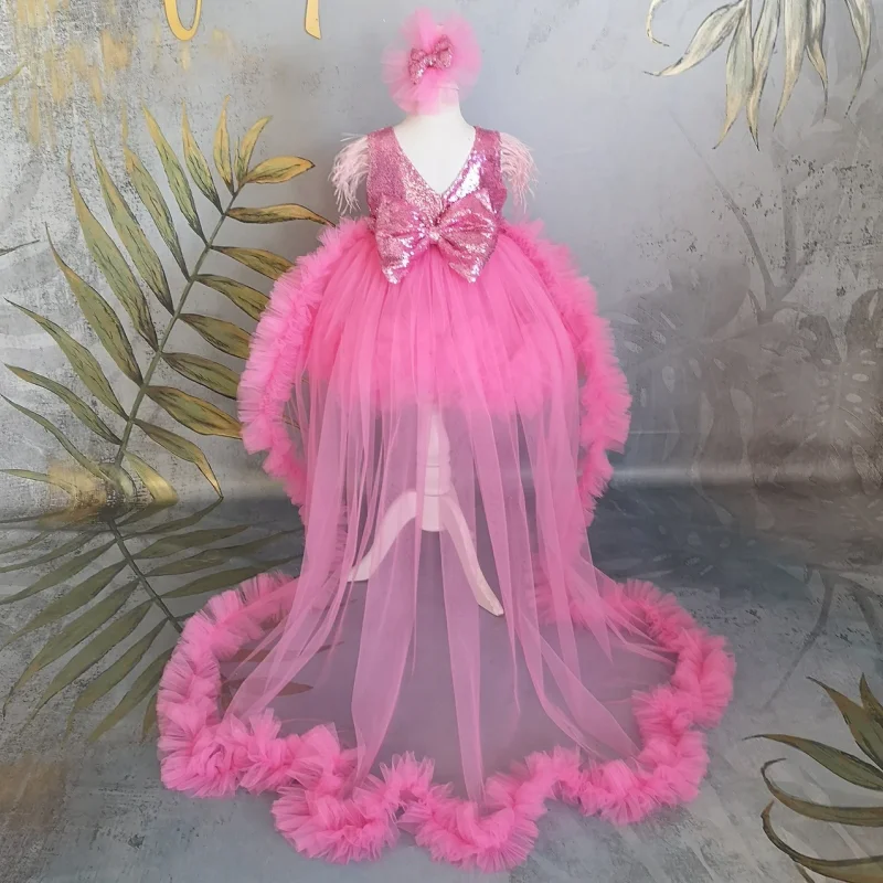 Vestidos de niña de flores de color rosa oscuro, lentejuelas de tul con lazo y cola sin mangas para boda, cumpleaños, vestidos de primera comunión