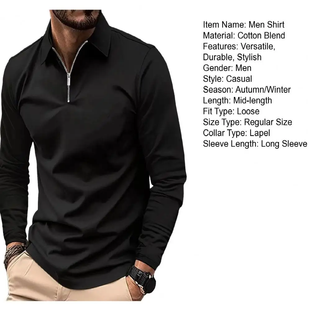 Men Shirt Fashion Long Sleeve Solid Color Men Top Lapel Design Soft Breathable Cotton Blend Pullover for Daily Wear
