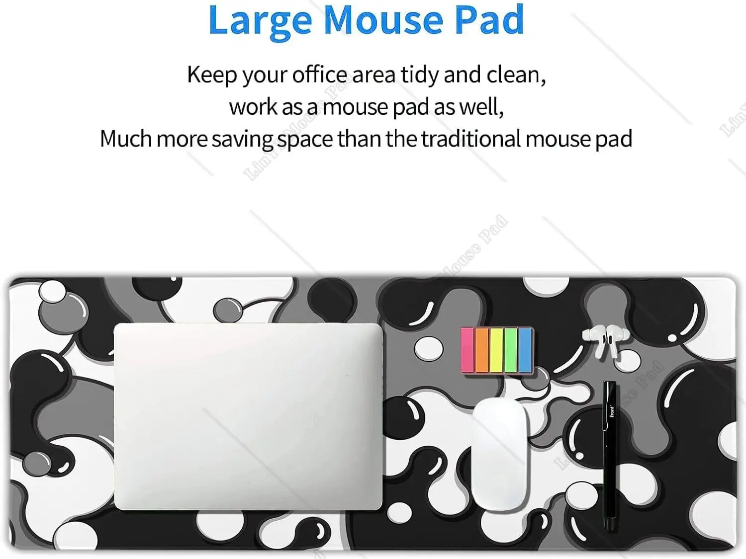 Mouse Pad Geométrico Antiderrapante, Base de Borracha, Borda Costurada, Tapete de Mesa, Desktop Gaming, Preto, Branco, Cinza, XL, 31,5 × 11,8 polegadas