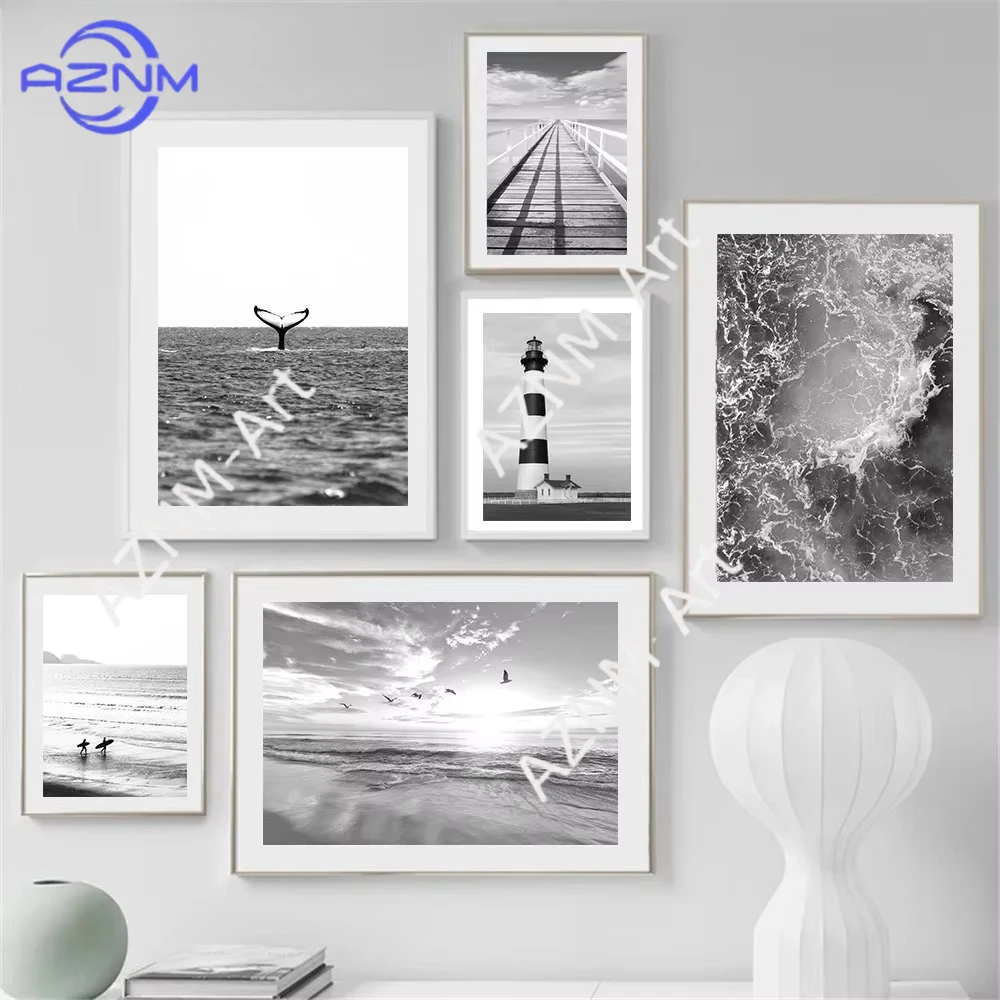 1 Stück, Schwarz-Weiß-Poster mit Meeresstrand, Wal und Leuchtturm, Wandkunst, Poster und Druck, Landschafts-Leinwandkunst, Malerei, moderne Bilder, Heimdekoration