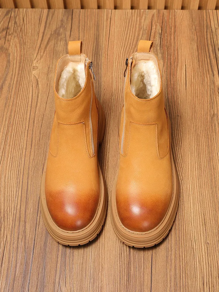 Mens Genuine Leather Snow Boots Winter Zipper Thicken Warm Wool Lining Outside Non Slip Platform Shoes Male Casual Short Boots