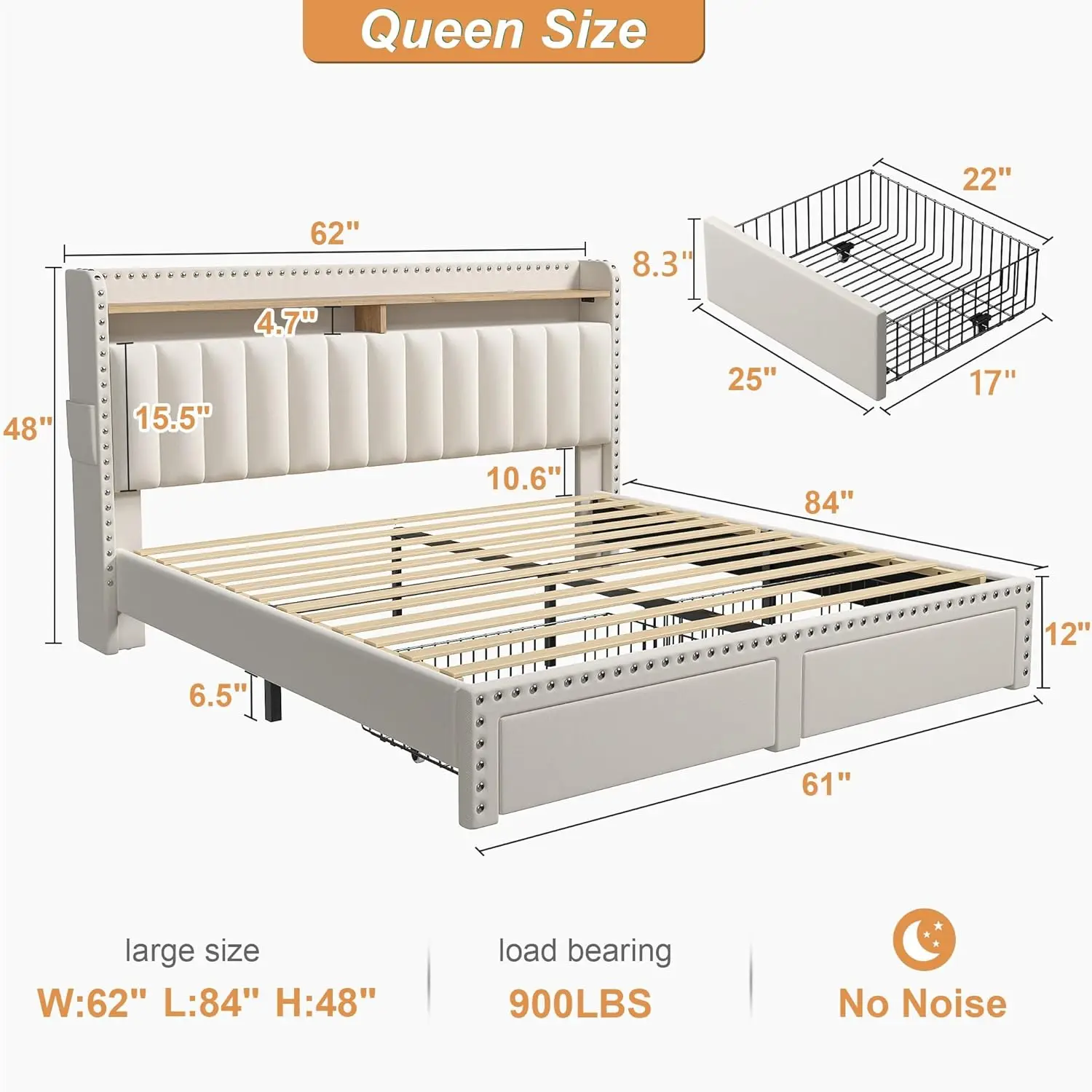 Queen Bed Frame with Headboard and Storage, Upholstered Queen Bed Frame with Storage, Queen Size Bed Frame with 2 Drawer