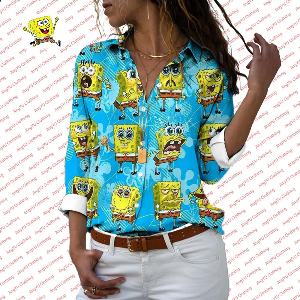 2024 Fashion New Lapel Long Sleeve Single Breasted Shirt Spongebob Pattern Printed Women\'s Casual All-match Shirt y2k