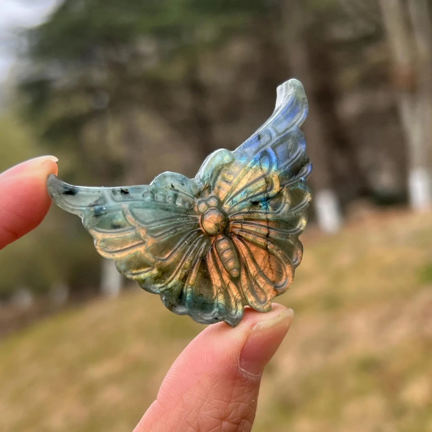 Natural Flash Labradorite Hand Carved Butterfly Figurine Polished Gemstone DIY Jewelry Accessory Home Decor Collectible Gift