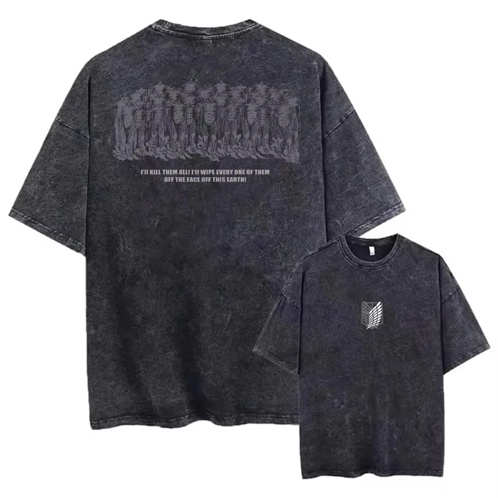 Hot Anime Attack on Titan Levi Ackerman Cool Printing Tee Men Washed Cotton T-shirts Retro Oversized T Shirt Harajuku Tshirt - view 3