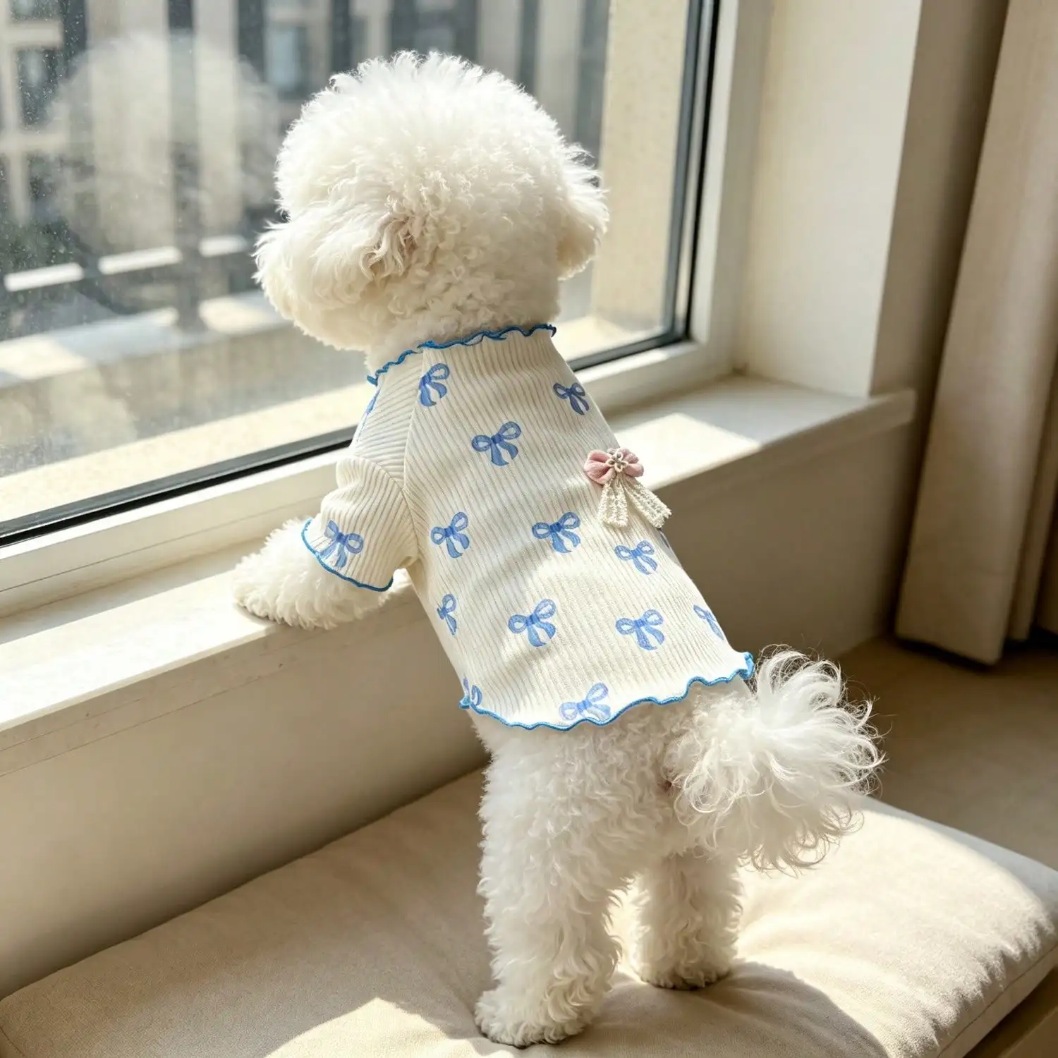 Niedliches Hundet-Shirt mit Schleifendruck und Rüschen, Weiches Geripptes Kurzarm-Oberteil mit Spitzenschleifendekor für Welpen Kleiner Rassen wie Bichon und Teddy – Detail 2