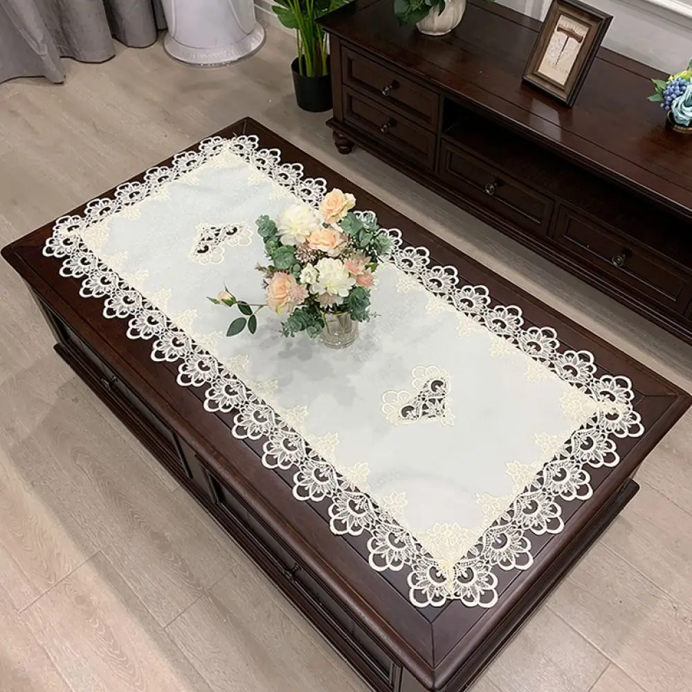 Decorative Fabric Rectangle Tablecloth Lace Embellished Desk Cover Dustproof Tea Table Mat For Elegant Living Room Decor