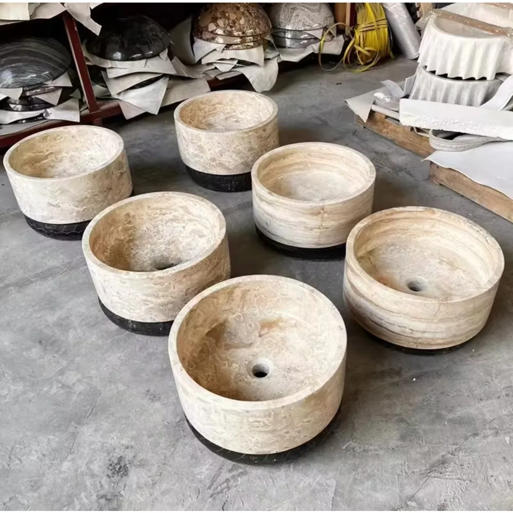 Beige Travertine Marble Round Wash Basin for Home and Hotel Decor