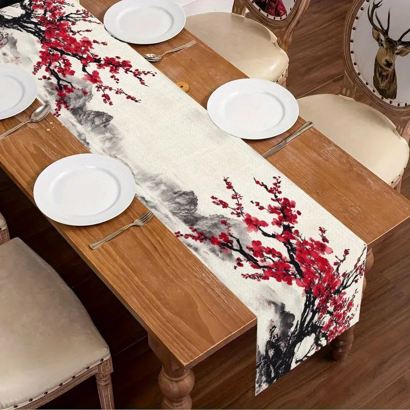 1pc Cherry Blossom Table Runner - Red Plum Blossom Mountain Water Design, Elegant Kitchen & Dining Room Decor, Cherry Blossom