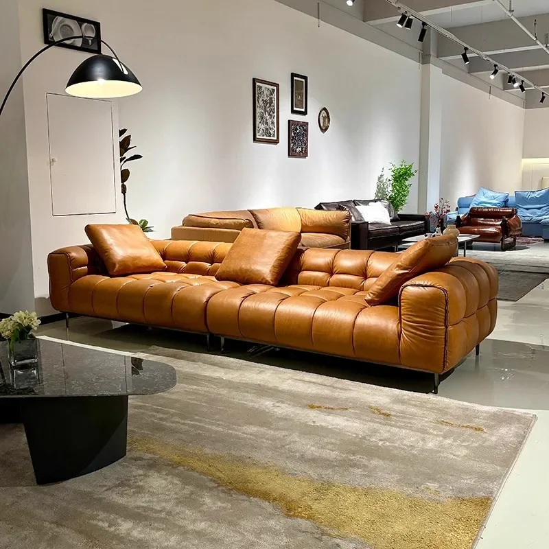 

High-end French leather sofa living room straight row black retro first layer oil wax cowhide plaid sofa