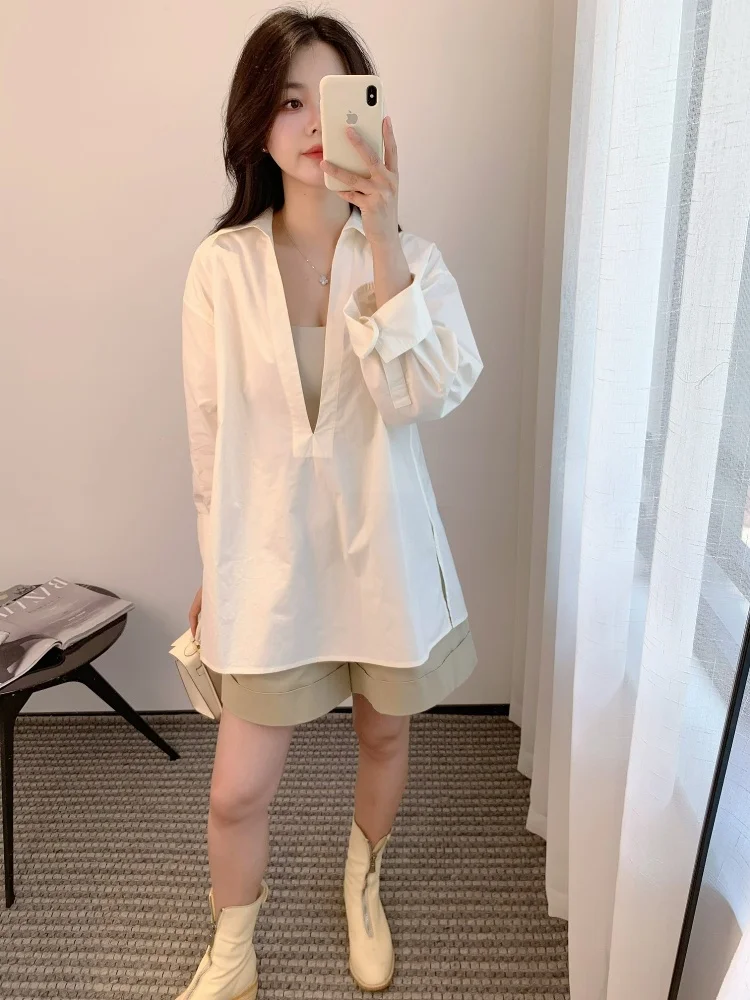 

Повседневная женская хлопковая футболка с глубоким V-образным вырезом, из чистого хлопка, весна-лето 2025, Thoey Chen, дышащая, комфортная, с длинным рукавом