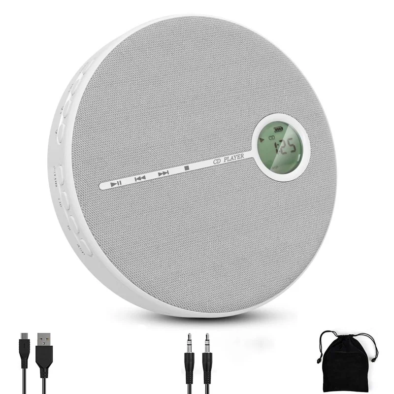Portable Round CD Player with Built-in Speakers, Rechargeable Battery, USB & AUX Input, Includes Carry Pouch for Travel & Home