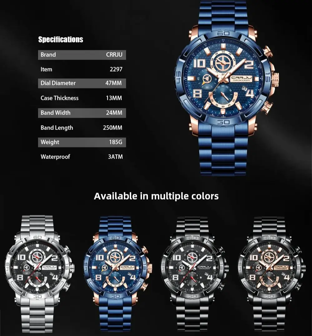 CRRJU นาฬิกาผู้ชาย Big Dial สแตนเลสกันน้ําพร้อม Luminous handsDate Sport Chronograph นาฬิกา Relogio Masculino