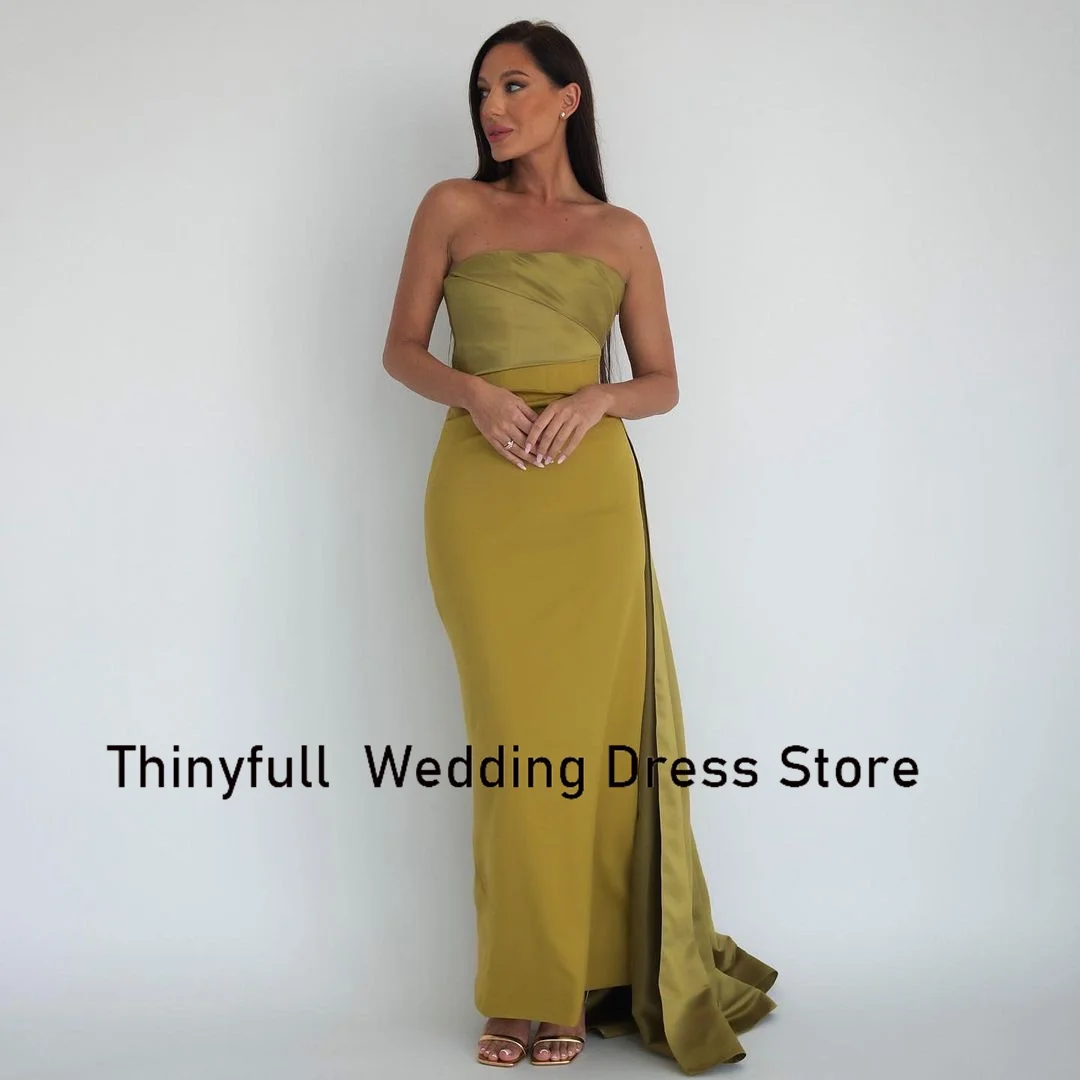 Thinyfull Long Evening Dresses Strapless Sleeveless Satin Prom Dresses Party Dress Formal Occasion Gown Vestidos Customized