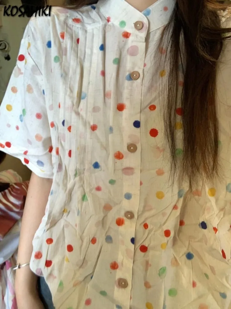 Japanese 2024 Colored Dot Loose Women Blouse Vintage Single Breasted Y2k Aesthetic Shirt Harajuku Grunge Turn Down Collar Blusas