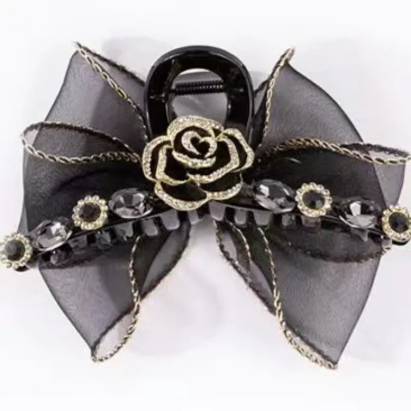 High Quality New Arrival Camellia Flower Bow Hair Claw Black Yarn Casual Floral Accessories for Women