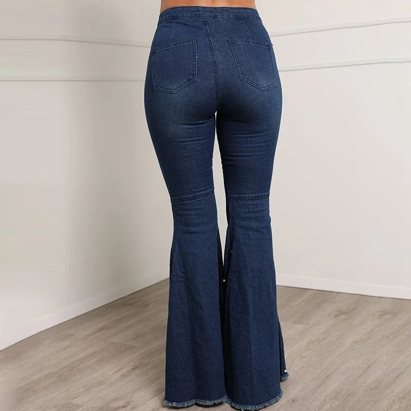 Women High Waist Elastic Skinny Jeans Wide Leg Trousers Ladies Casual Bell Bottom Jeans Pants Plus Size Beaded Denim Flare Jeans