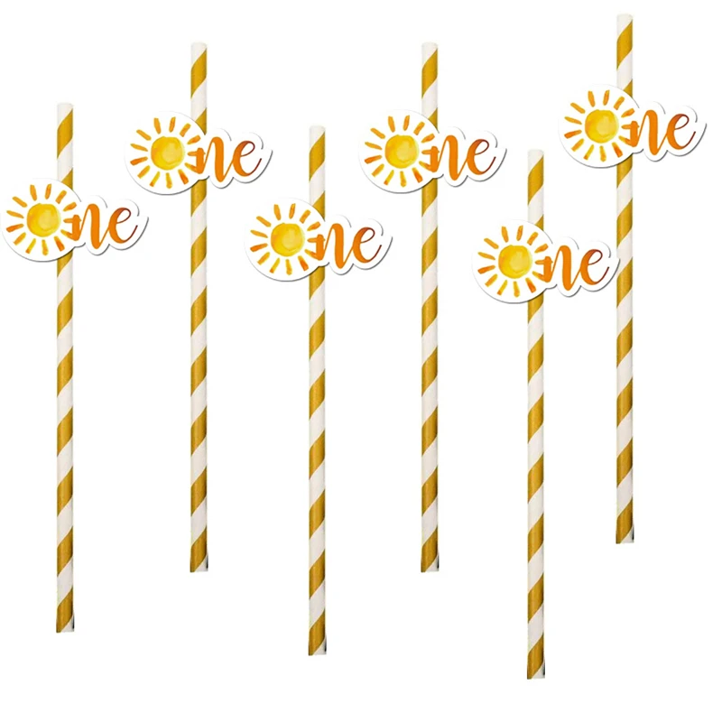 20Pcs Baby\'s First Birthday Party Sunflower Disposable Paper Straw Yellow Sun Cake Baking Decoration Straw