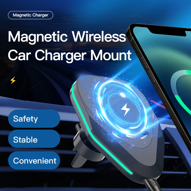 15W  Magnetic Car Wireless Charger Air Vent Stand for Magsafe IPhone 13 12 11 Pro X Max Fast Charging Magnet Mount Auto Holder