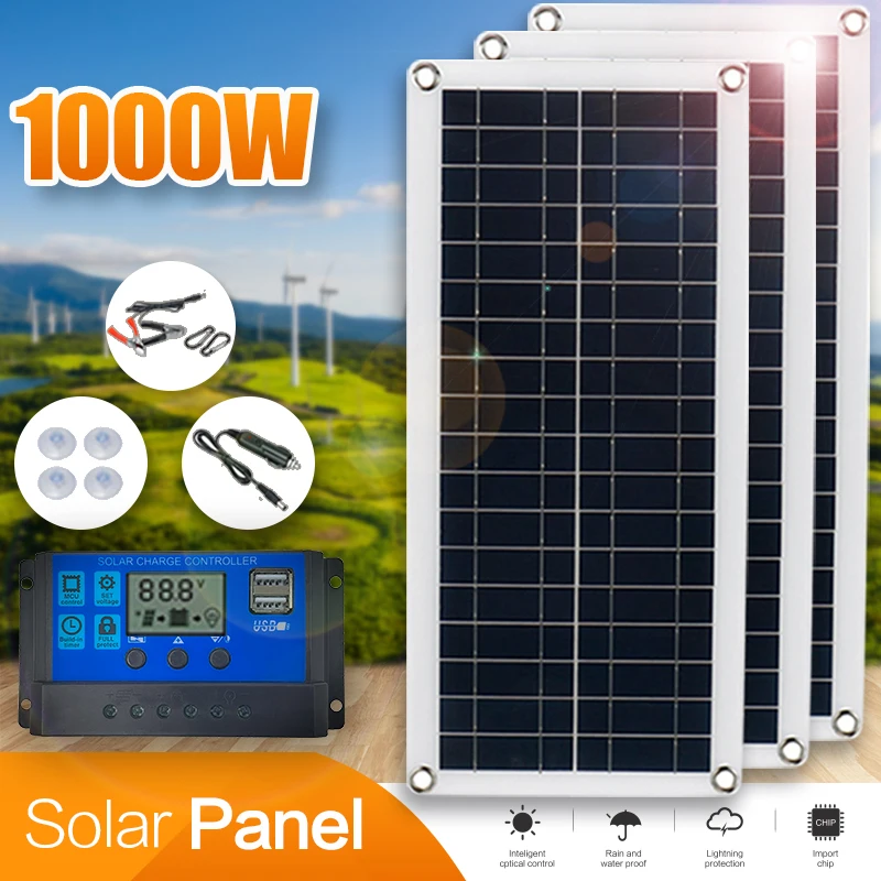 

20W-1000W Flexible Solar Panel 12V Battery Charger Dual USB With 100A Controller Solar Cells Power Bank for Phone Car Camping