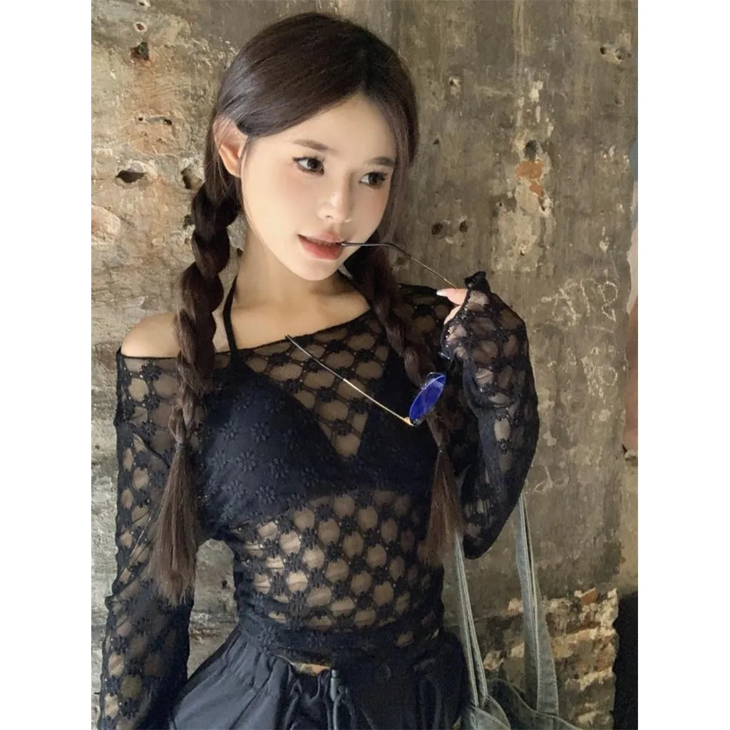 Sdutents in stile coreano T-shirt a maniche lunghe in rete ricamata floreale alla moda da donna Stratificazione sexy Protezione solare Copertura superiore sottile