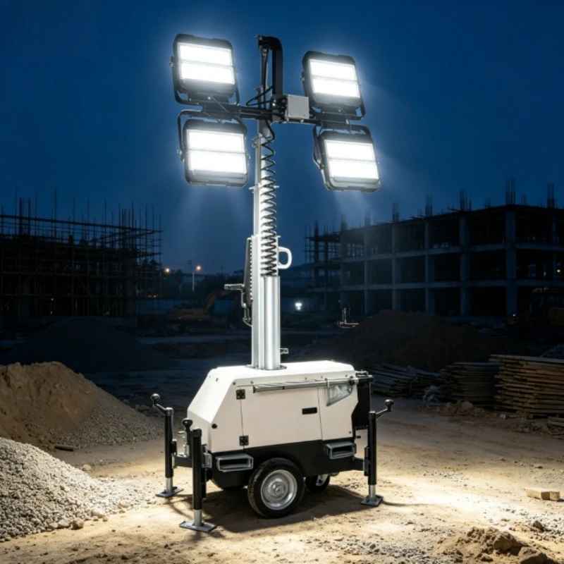 Mobile Lighting Tower Electric Lift Mast 7m Extendable Pole Rotatable Lamp Heads Base For Road Maintenance Lighting
