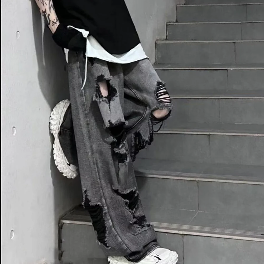 Men\\\'s Gothic Wide Leg Jeans Vintage High Waist Baggy Hole Pants Black Grey Suitable Season Spring Summer Autumn