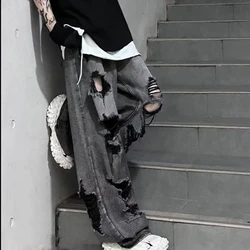 Men\'s Gothic Wide Leg Jeans Vintage High Waist Baggy Hole Pants Black Grey Suitable Season Spring Summer Autumn