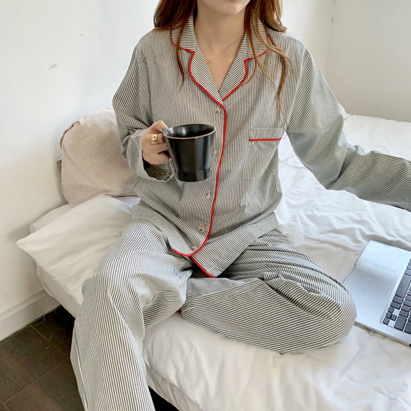 Novo ins pijamas feminino simples listrado de manga comprida cardigan menina coreano fino loungewear conjunto de duas peças pijamas para mulher primavera