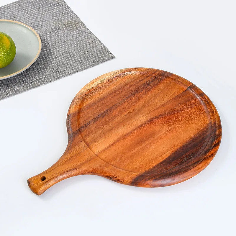 Acacia Wood Pizza Plate Handle Can Hang Wooden Round Steak Plate Fruit Snack Tray Pasta Plate Kitchen Organization Dinner Plate