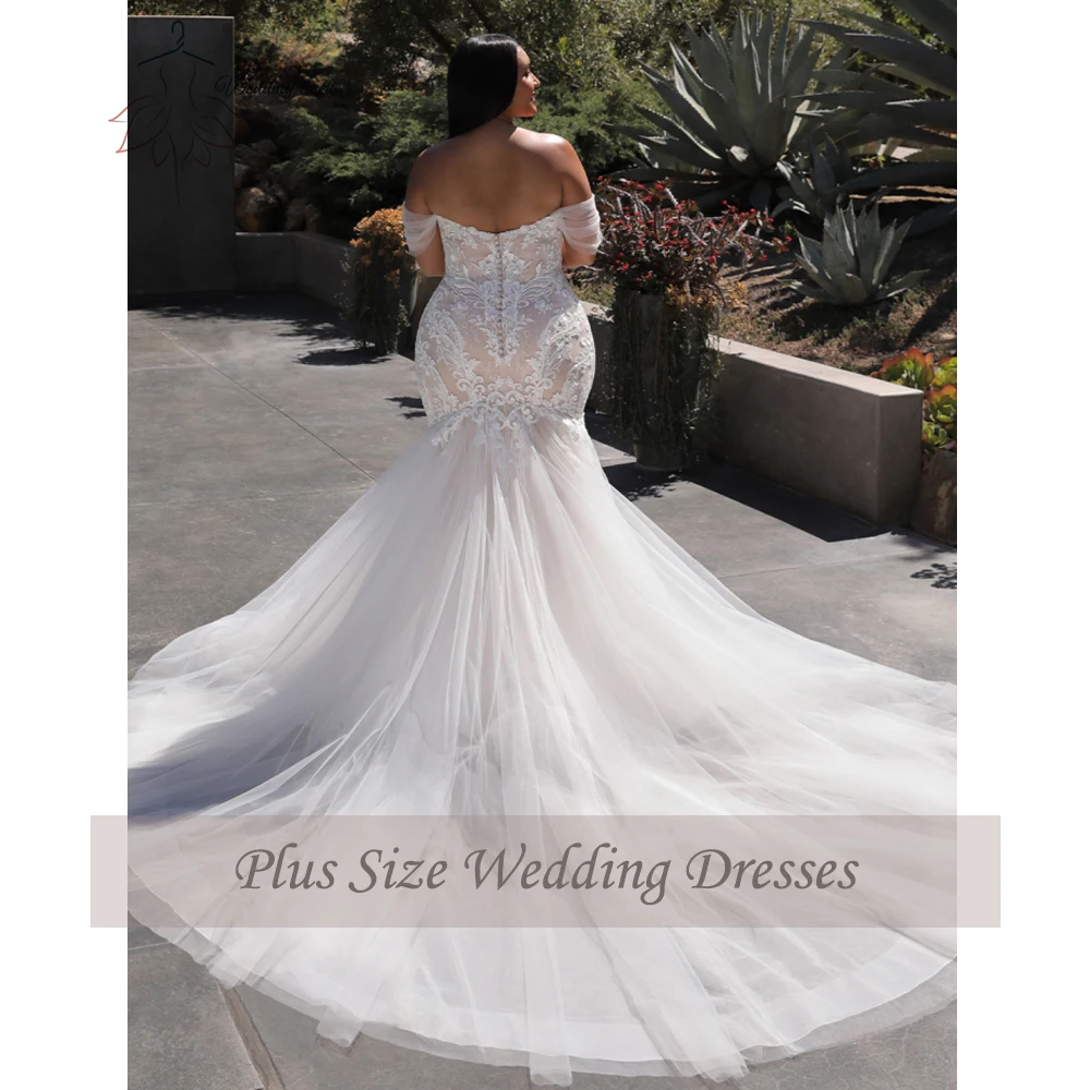 Sweetheart Wedding Dresses Plus Size Off the Shoulder Bride Gowns Appliques Sweep Train Mermaid Vestido De Novia PSL98001