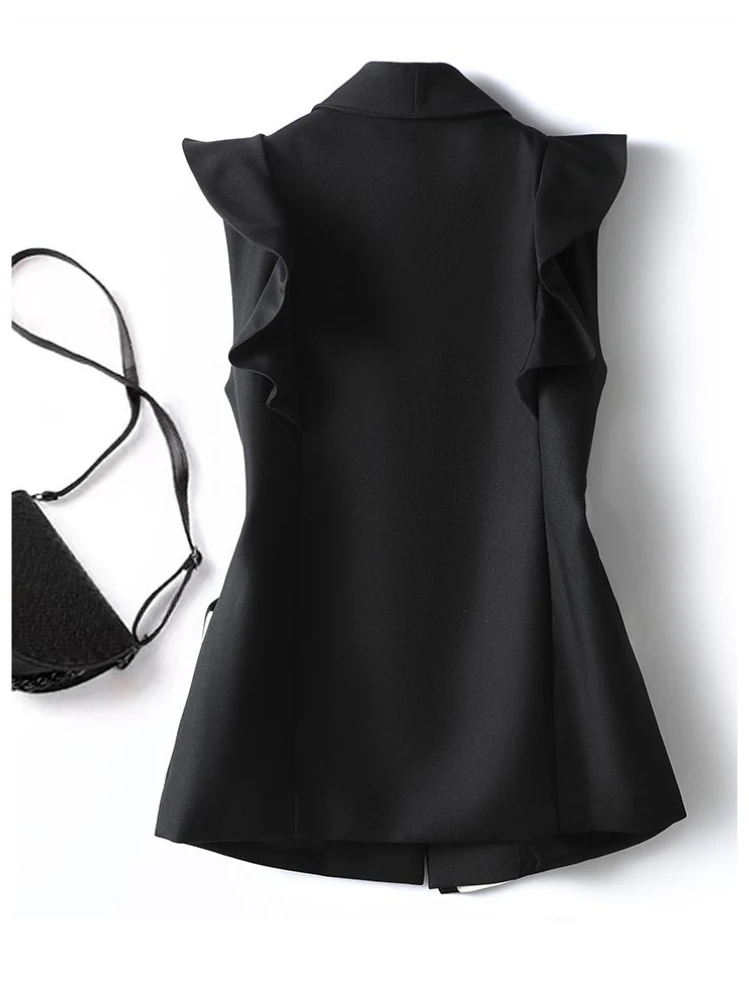 프랑스어 디자인 양복 조끼 민소매 프릴 대비 색 주머니 여성 슬림 코트 조끼 패션 우아한 2025 여성 의류