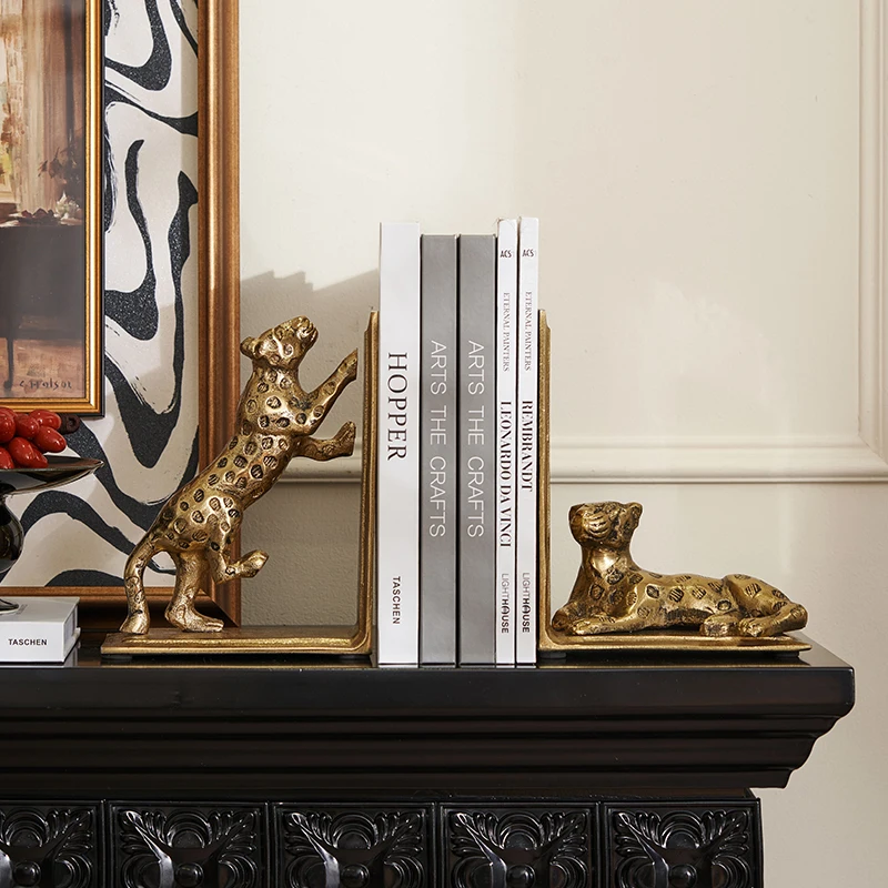 Animal Gold Metal Craft Leopard Head Bookends Creative Ornament Study Room Decorations Desktop Bookcase Bookshelf Art Bookends