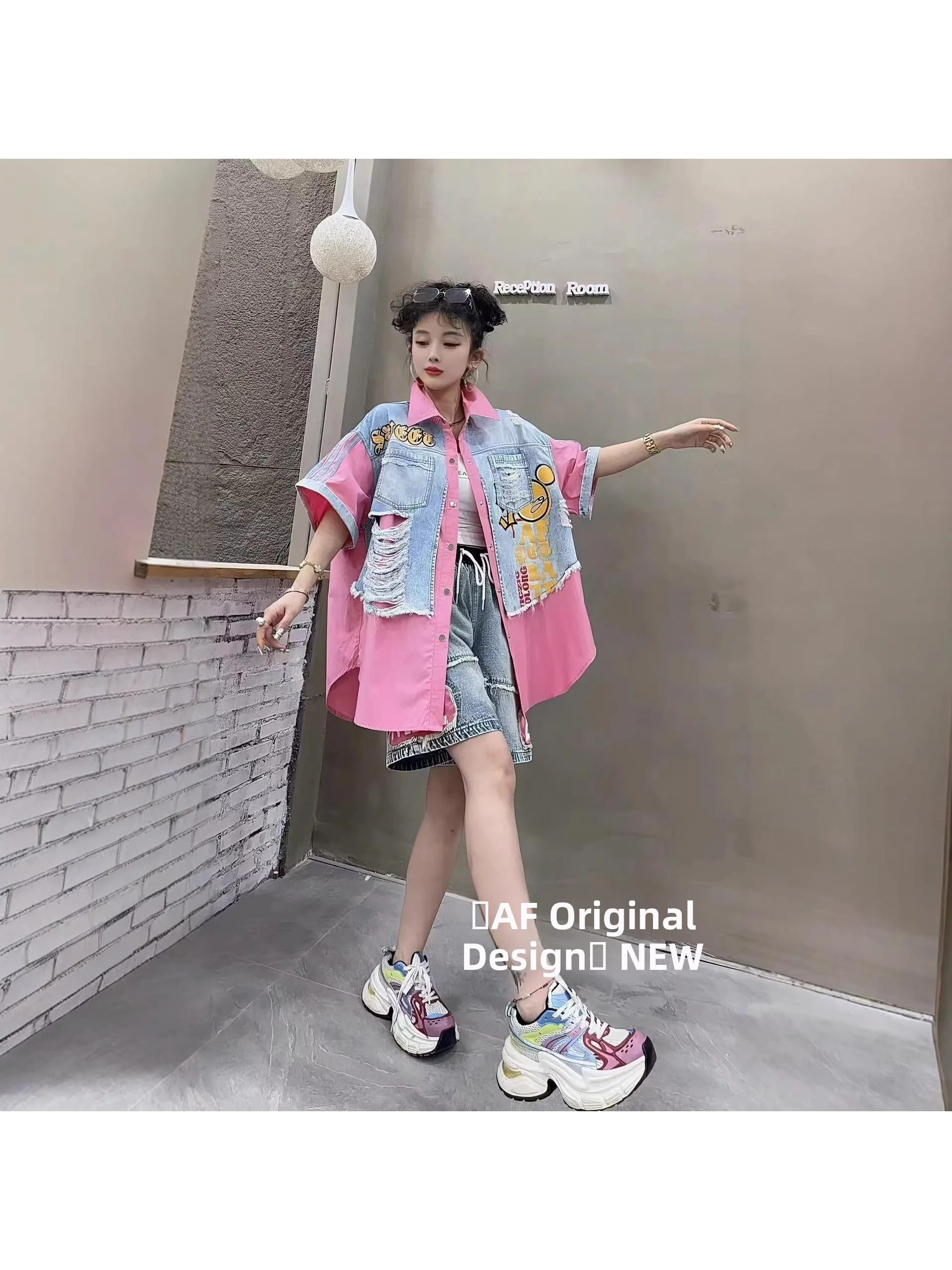 

Summer New Women's Denim Patchwork Hole Pattern Print Candy Color Short Sleeve Shirt Jacket Loose Fit Cotton Neutral Style