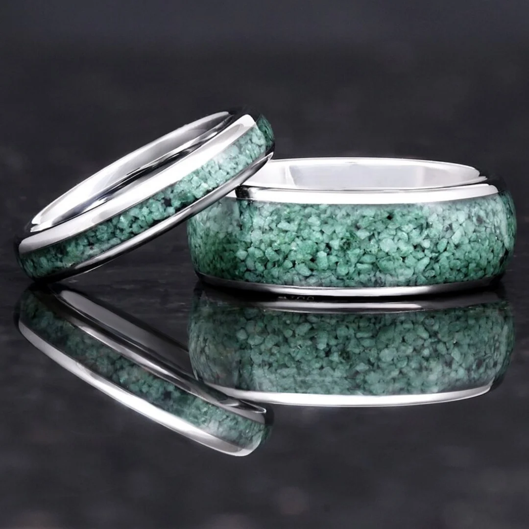 خاتم زفاف من العقيق الأخضر الطحلب، خاتم فضي من التنغستن، خاتم رجل وامرأة 8 مم، مناسب مريح، قبة، تلميع، هدية الذكرى السنوية لعيد الميلاد #4