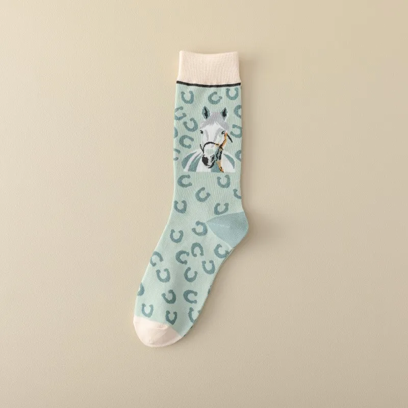 1/5 Pairs Frauen Pferd Druck Retro Mitte Rohr Baumwolle Socken Mode Street Style Schweiß Absorbieren Atmungsaktive Sport Freizeit Socken – Detail 10