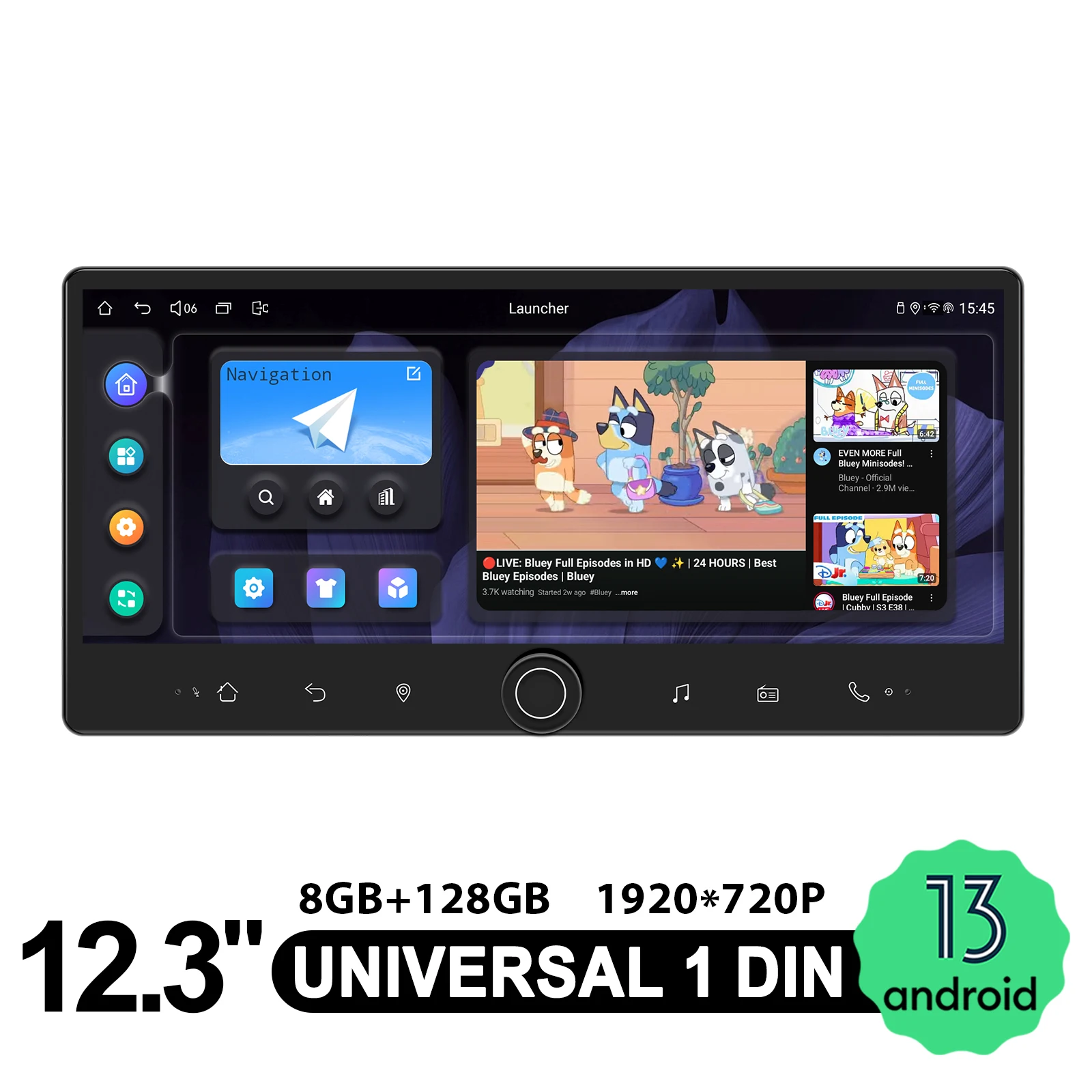 Smart 12.3''Android Car Radio Stereo 8G+128G GPS Navigation Wireless CarPlay HD Display Fast Response Universal 1Din Head Unit