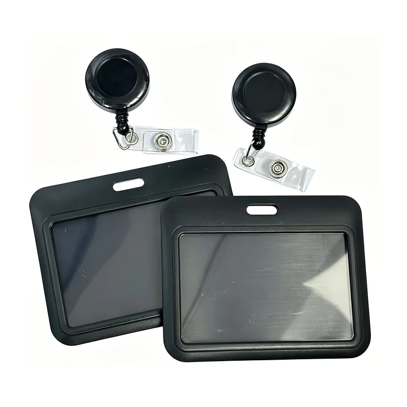 2D 2Pack Black Retractable Badge Reel, Sliding Horizontal Plastic Card Badge Holders for Office Family Nurse Teacher Student