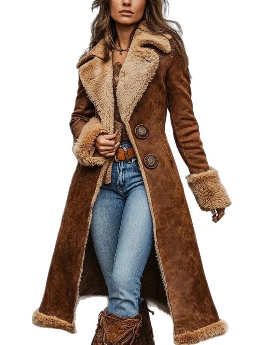 Kurtka damska VGH w stylu retro kowbojskim z futerkiem, z klapami, długim rękawem, zapinana na guziki, dopasowana, modna kurtka jesienna.