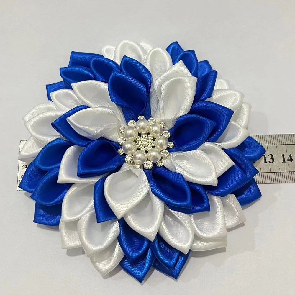 Solid Royal Blue White Fabric Ribbon Flower Greek Zeta Phi Beta Corsage Brooch