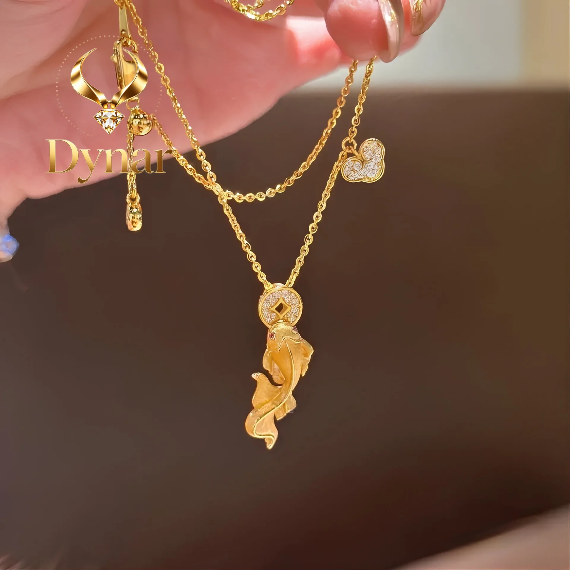 Dynar Jewelry   24K real gold coins swallowing koi fish necklace for women 9999 diamonds inlaid with versatile of wealth-winning