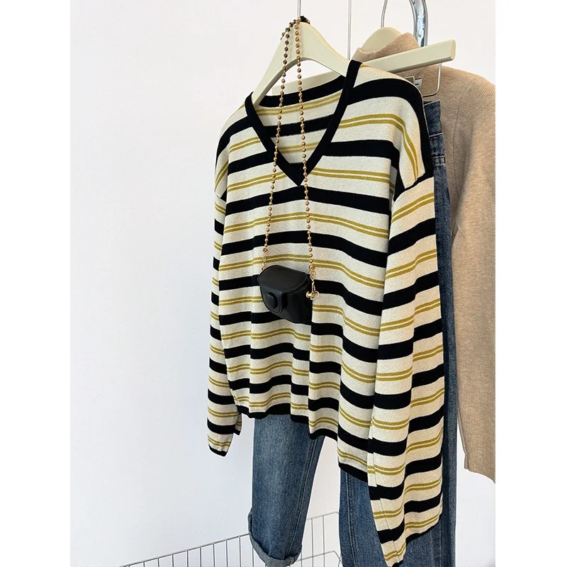 

Beige Stripe Baggy Sweater Women Pullover Streetwear Long Sleeve Knitted Tops Female Jumper Autumn Winter Loose Knitted Sweaters