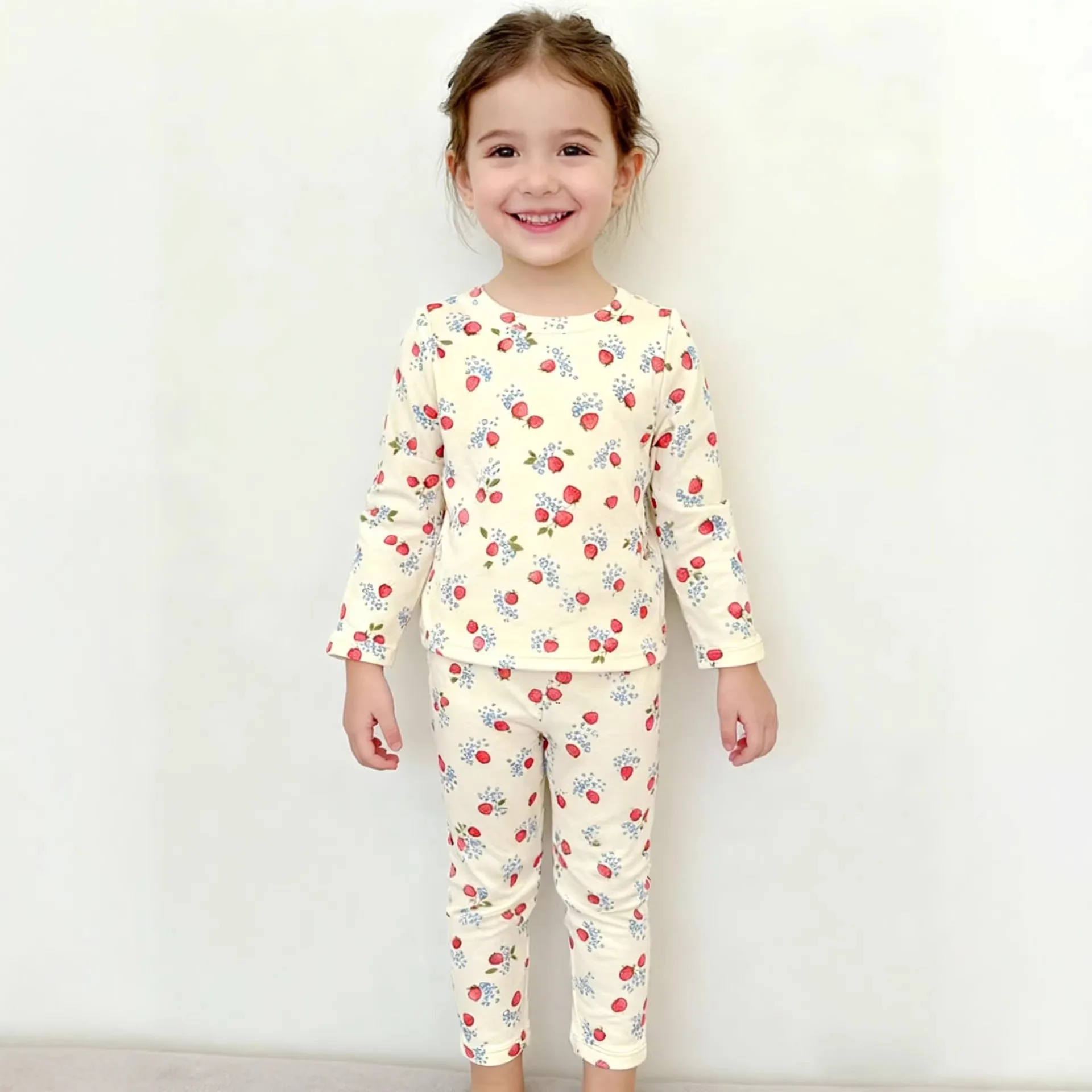 

Комплект детских пижам для девочек: хлопковые пижамы с длинными рукавами, милый дизайн с клубничкой, домашняя одежда