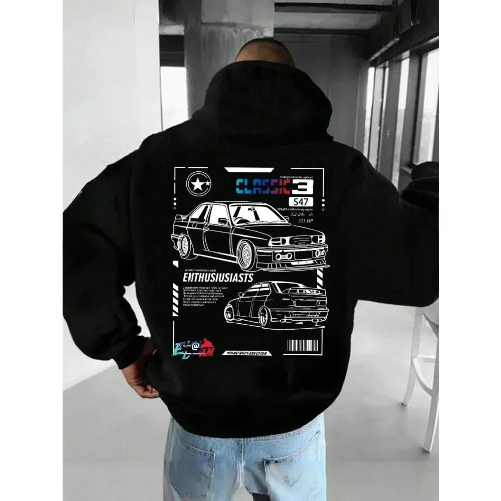 2024 Gorąca wyprzedaż Casual Manfinity EMRG Car Printed Letter Graphic Pullover Hoodie z polarową podszewką do pracy i sportu Streetwear