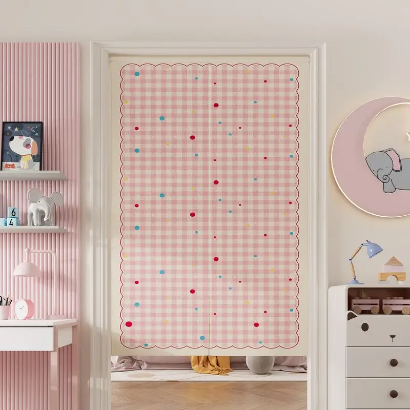 VIKAMA Japanese Pink Gingham Polka Dot Noren Doorway Curtain Room Divider Privacy Tapestry for Kids Room Girly Home Decor