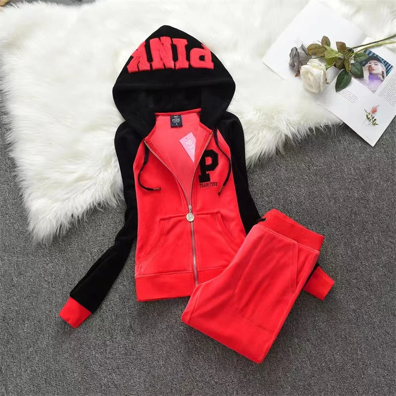 Contrast Color Long Sleeve PINK Velvet Tracksuit 2024 Women\'s Hooded Sweatshirt and Pants Set Casual Tracksuit