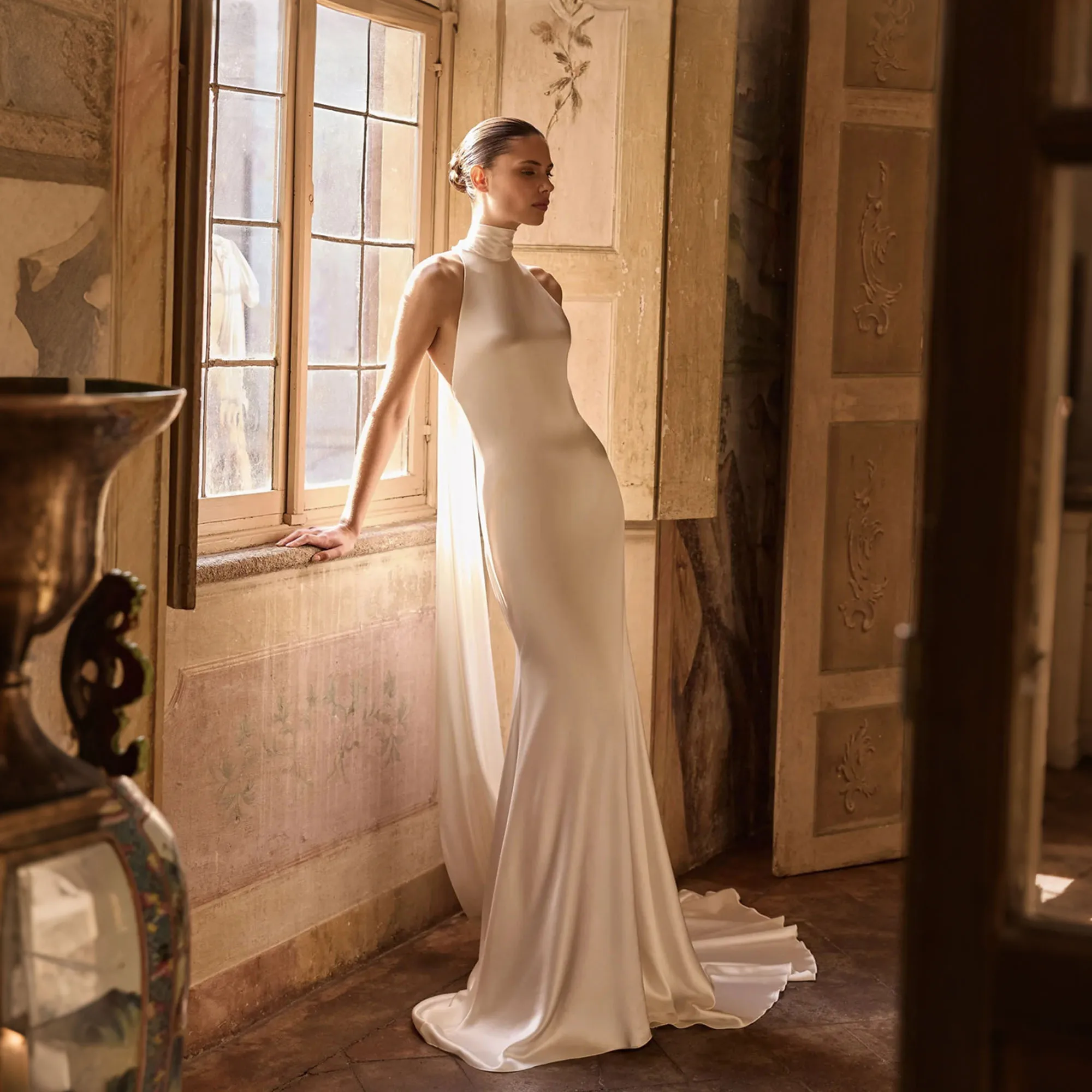 Ivory Satin Mermaid Wedding Dress High Neck Halter Backless Bridal Gown Sleeveless Reception Dresses For Weddings Customized