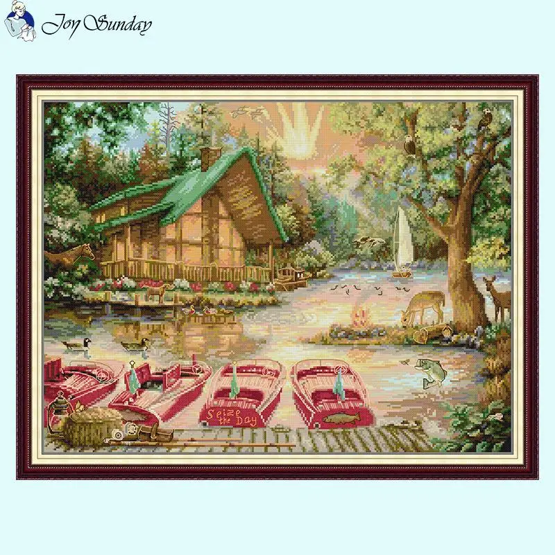 River House and Boat Landscape Cross Stitch Kits 14CT Count 16CT 11CT Printed Canvas Fabric Embroidery DIY Home Decor Painting