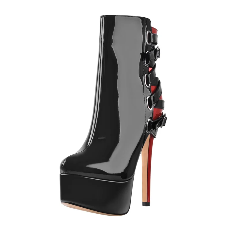 Rock Style Back Strap Crossed Fasten Ankle Boots Stiletto High Heels Women Red Back Mixed Color Platform Pointed Toe Short Boots